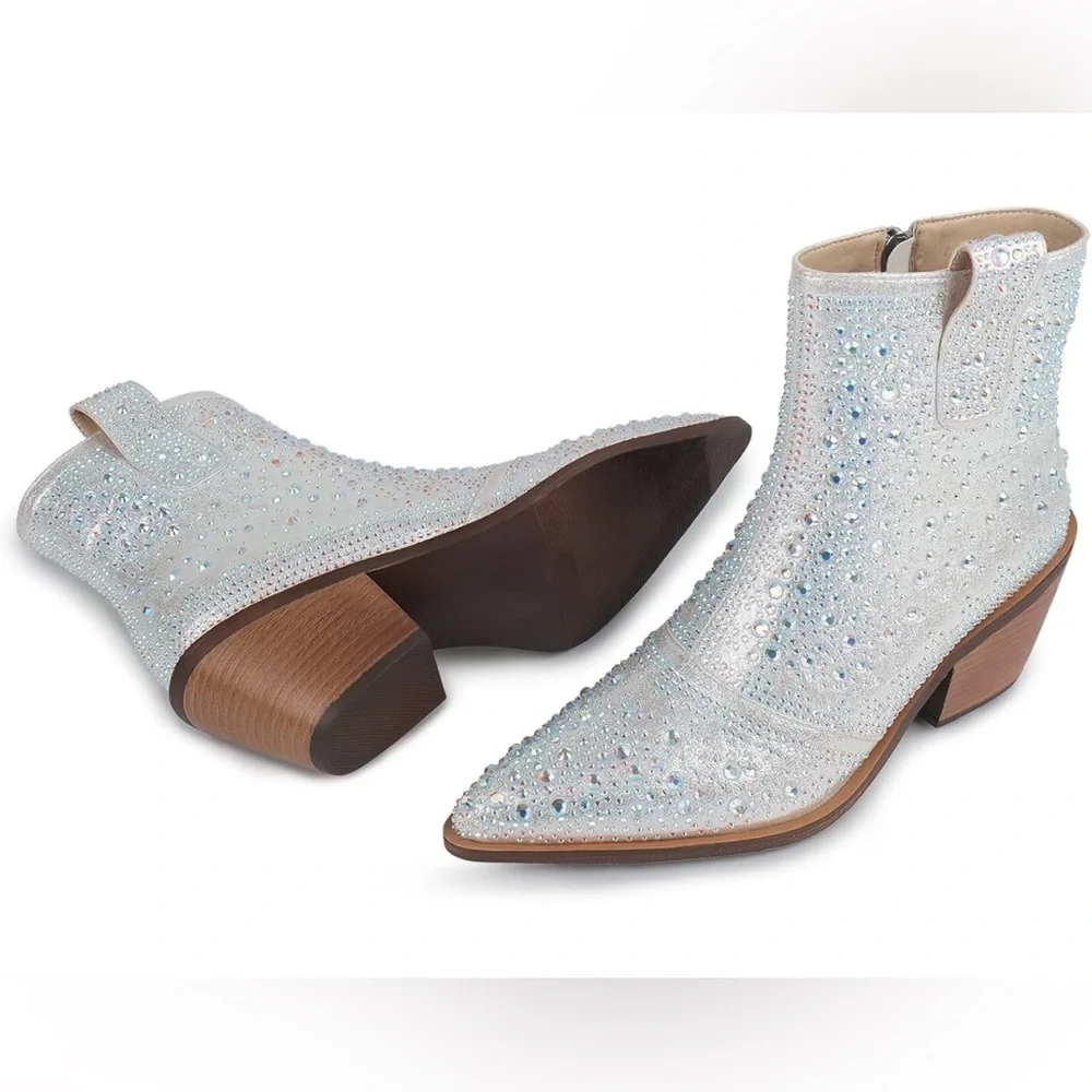 ISNOM Rhinestone Cowboy Boots Sparkly Ankle Boots with Pointed Toe and C…
